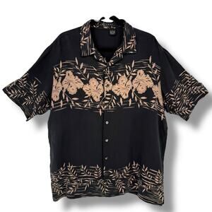 Y2K Vintage Baracuta Silk Camp Shirt, Black Beige Floral Hawaiian Print, Men's L